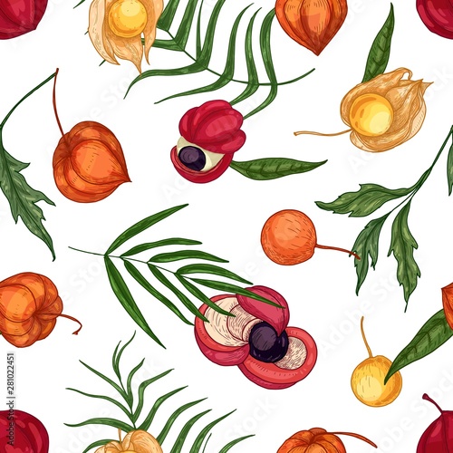 Natural seamless pattern with fresh ripe guarana and physalis fruits and berr...