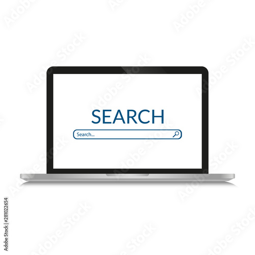 The computer with the search system on the screen is on a white background