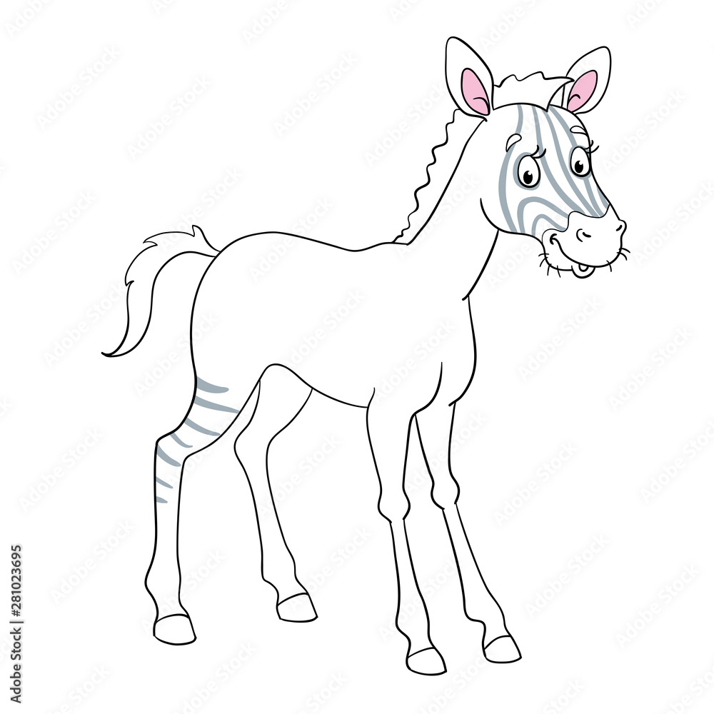 Fototapeta premium Little zebra cub. Black and white picture with grey and pink accents. In cartoon style. Isolated on white background. For coloring book