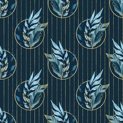 Wandcirkels Blauw goud patronen Blauw bladerenpatroon naadloos botanisch  © Gribanessa