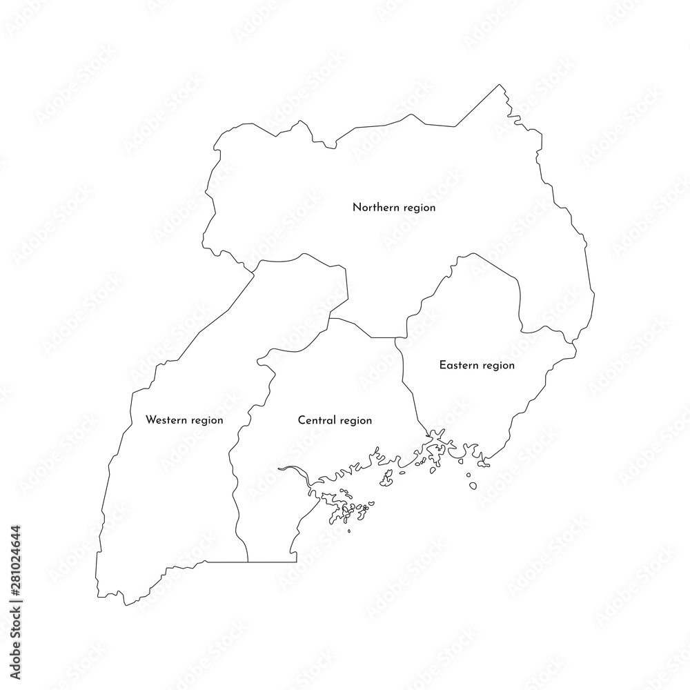 Vector isolated illustration of simplified administrative map of Uganda. Borders and names of the regions. Black line silhouettes