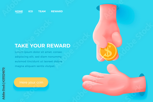 Vector site concept - cartoon 3d realistic hand give golden dollar to other, with place for your text. Finance landing page template.