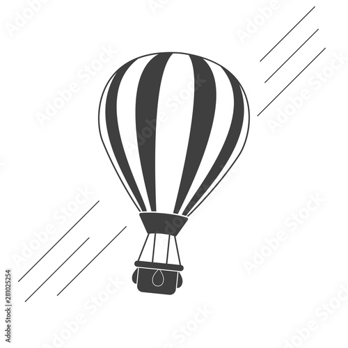 Hot air balloon with basket isolated on background. Travel, adventure, flight in sky concept. Vector flat design