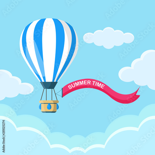 Hot air balloon with basket isolated on background. Travel, adventure, flight in sky concept. Vector flat design