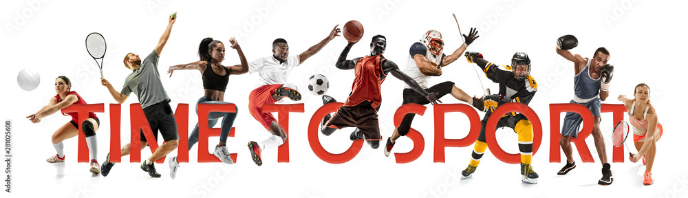 Creative collage of sportsmen in action of game on white background. Advertising, sport, healthy lifestyle, motion, activity, movement concept. American football, soccer, tennis, volleyball, box.