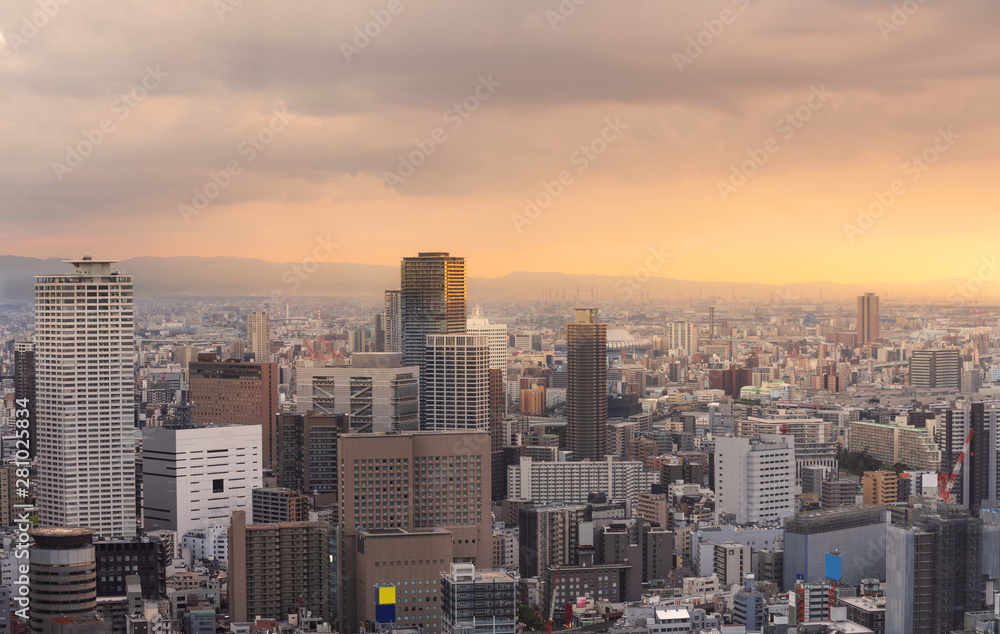 Panoramic business district of Osaka city, Japan in sunset