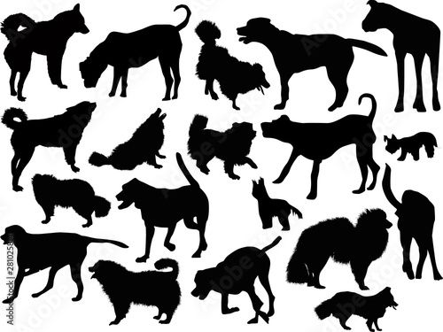 set of nineteen dogs silhouettes isolated on white