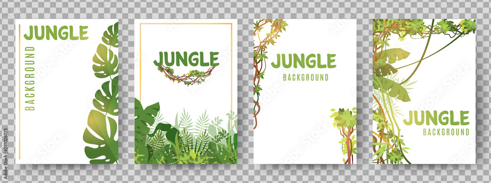 Green tropical frames template. Jungle plants vector cards. Jungle background frame, green tropical plant illustration
