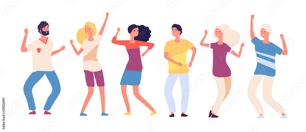 Cartoon dancing people. Happy young persons dance, joyful adults woman and  man dancers. Party crowd in club isolated vector characters. Illustration  of girl and boy dance at party Stock Vector | Adobe
