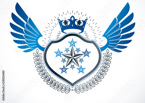 Luxury heraldic vector winged emblem. Vector blazon created using monarch crown  pentagonal stars and laurel wreath