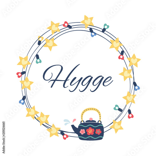 Hygge style illustration. Round background.