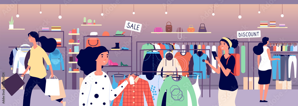 Women in clothing store. People shoppers choosing fashion clothes in boutique. Garment shop interior vector concept. Illustration of boutique clothing, fashion store mall - obrazy, fototapety, plakaty 