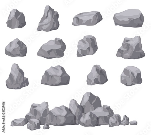 Cartoon stones. Rock stone isometric set. Granite boulders, natural building block shapes. 3d decoration isolated vector collection. Illustration of boulder geology, nature stone material photo