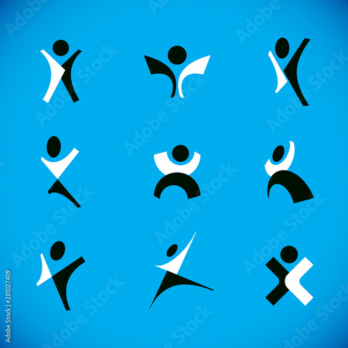 Vector illustration of happy abstract human with raised hands up. Business leader metaphor photo