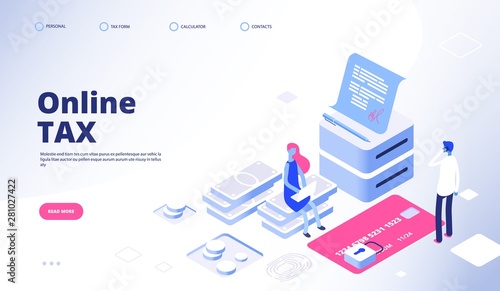Tax payment landing page. Online tax vector web banner template. Payment electronic tax service illustration, electronic billing