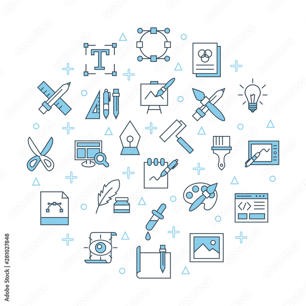 Designer banner. For drawing mobile app icons set, creative idea, creation process, digital art