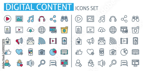 Digital content icons set. For content marketing app, banner, digital technologies, Social network