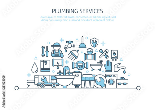 Professional plumber website banner. Round concept template. Thin line web symbols outline flat