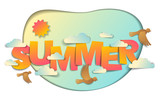 Summer papercut word with birds sun and clouds vector modern style cartoon paper cut 3d illustration.