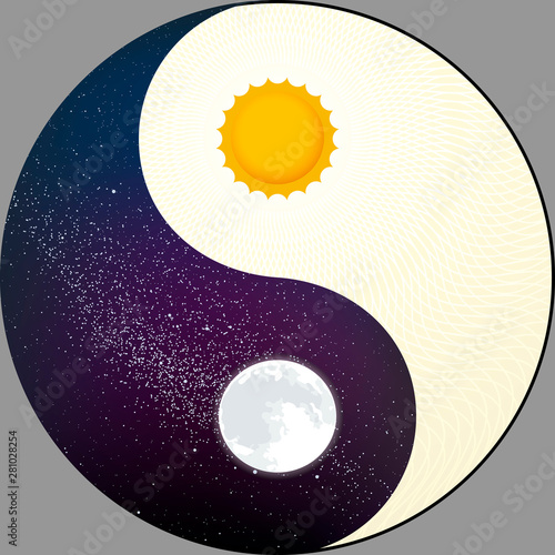 Cosmological yin yang with sun and moon. Night and day.