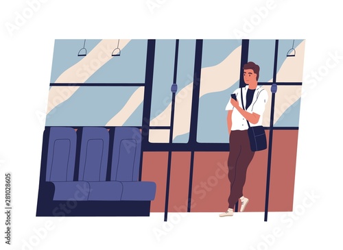 Cute young smiling man standing in bus and using smartphone. Funny guy or commuter in public transport. Daily routine of office worker or clerk. Modern vector illustration in flat cartoon style.