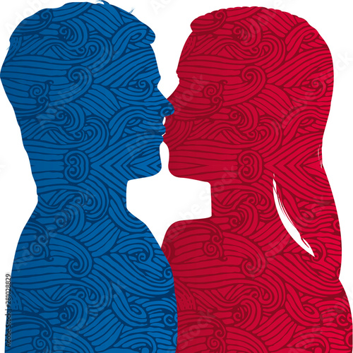Couple silhouette kiss with textured effect. Isolated.