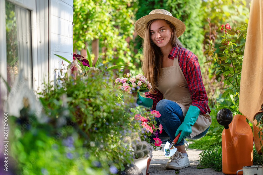 Portrait of happy gardening woman in gloves, hat and apron plants petunia flower on the flower bed in home garden. Gardening and floriculture. Flower care
