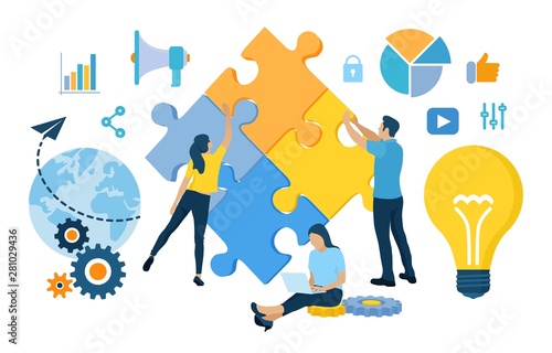 Teamwork concept. People connecting puzzle elements. Business team. Symbol of teamwork, cooperation, partnership, association and connection. Team metaphor. Business concept. Vector Illustration.