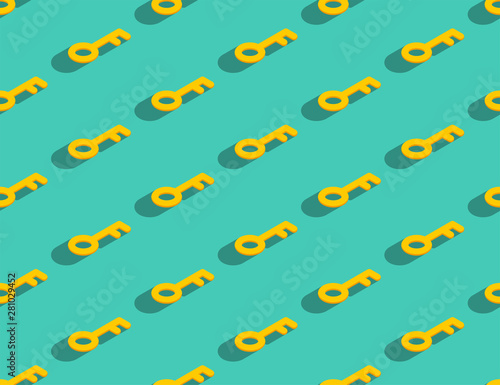Key 3D isometric seamless pattern, Password unlock concept poster and banner design illustration isolated on green background with copy space, vector eps 10