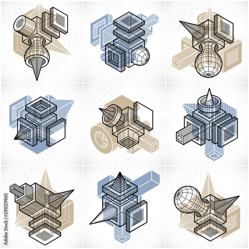 3D designs, set of abstract vector shapes.