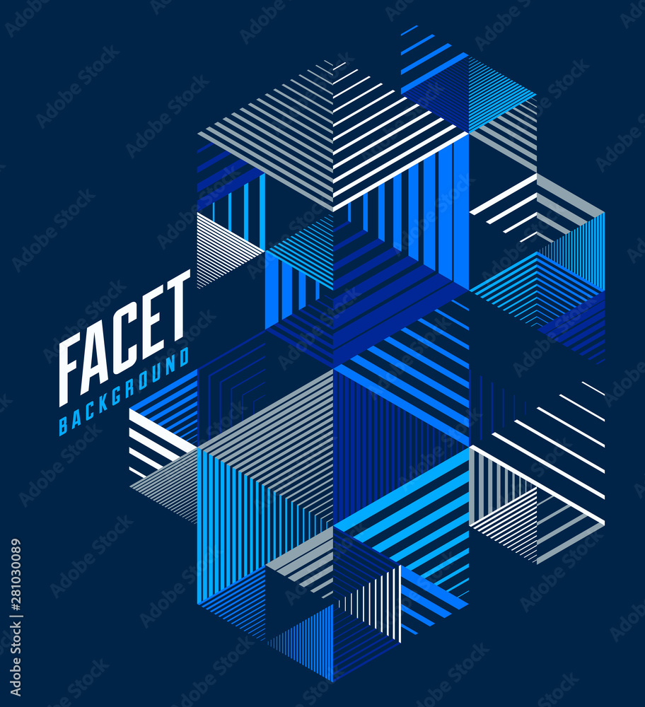 Line design 3D cubes and triangles abstract background, polygonal low poly isometric retro style template. Stripy graphic element isolated. Template for poster or banner, cover or ad.