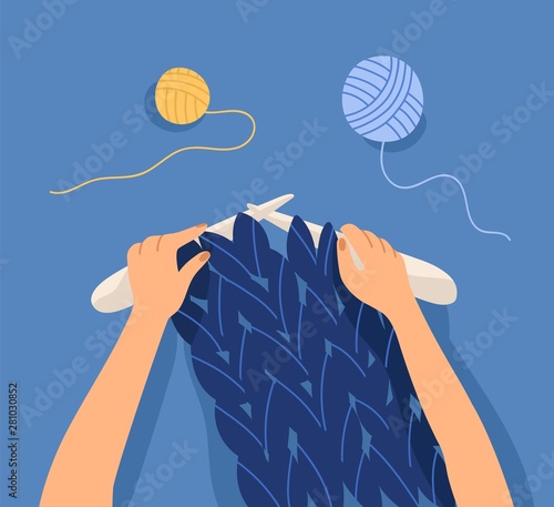 Hands knitting with giant needles and yarn. Decorative craftwork, knitwork, handicraft. Creative hobby, workshop, DIY tutorial, craftsmanship activity. Flat cartoon colorful vector illustration.