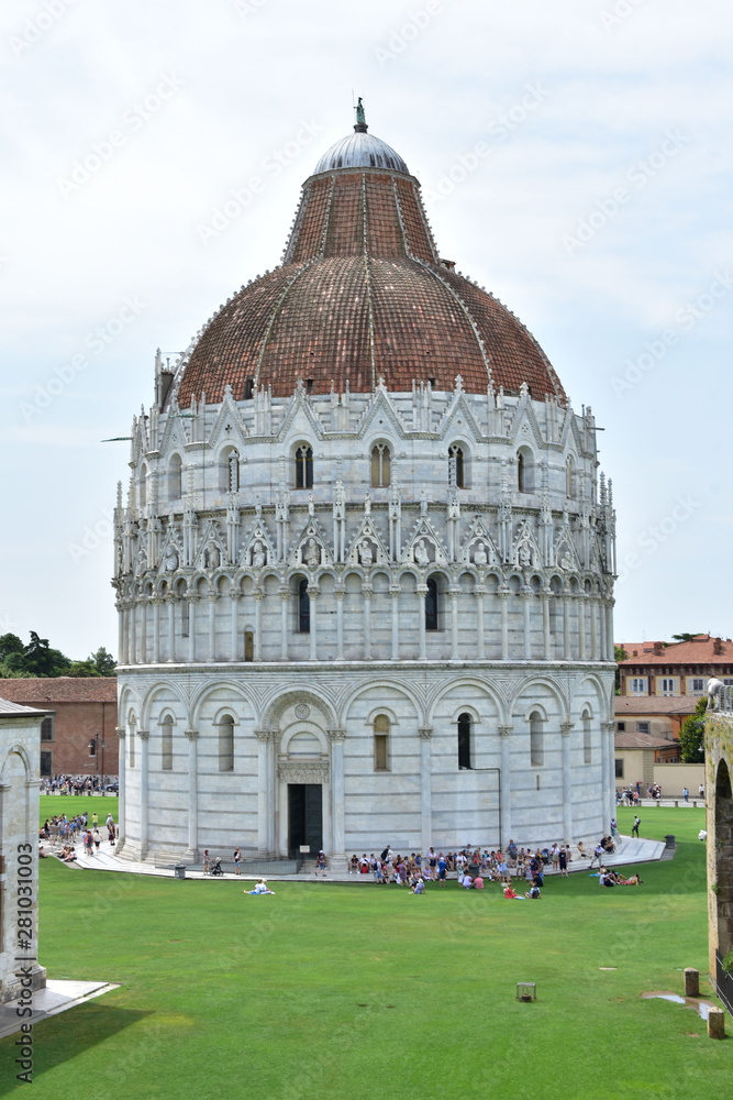 View from the city walls to the monuments of Pisa in Italy.