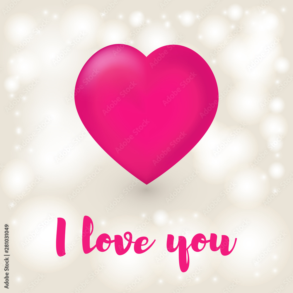 Icon red heart on beige background with bokeh and light with the words I love you