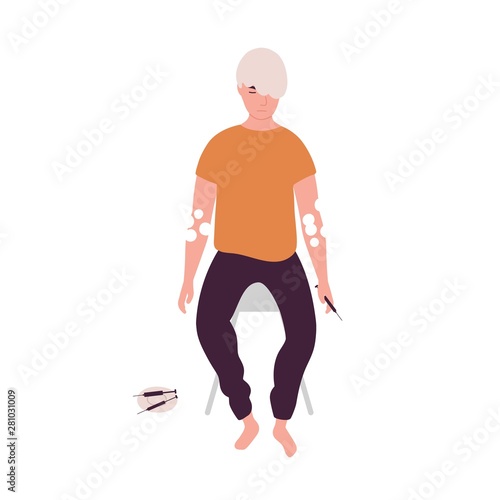 Unhappy man with syringe using heroin isolated on white background