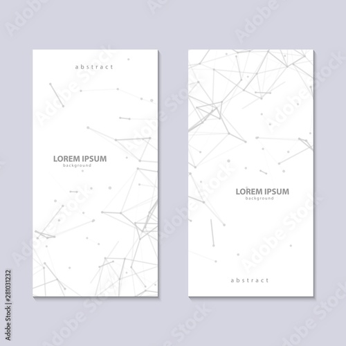 Two flyers with abstract plexus white background with grey connected lines and dots. Vector minimalistic geometric design. Network connection plexus digital futuristic technology. Science concept