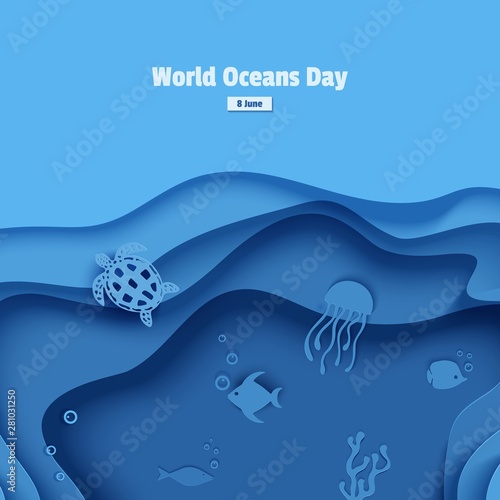 Paper cut butterflyfish, jellyfish, moonfish, turtle. Paper craft underwater ocean cave with fishes, coral reef, seabed in algae, waves. Diving concept, deep blue marine life. Vector sea wildlife