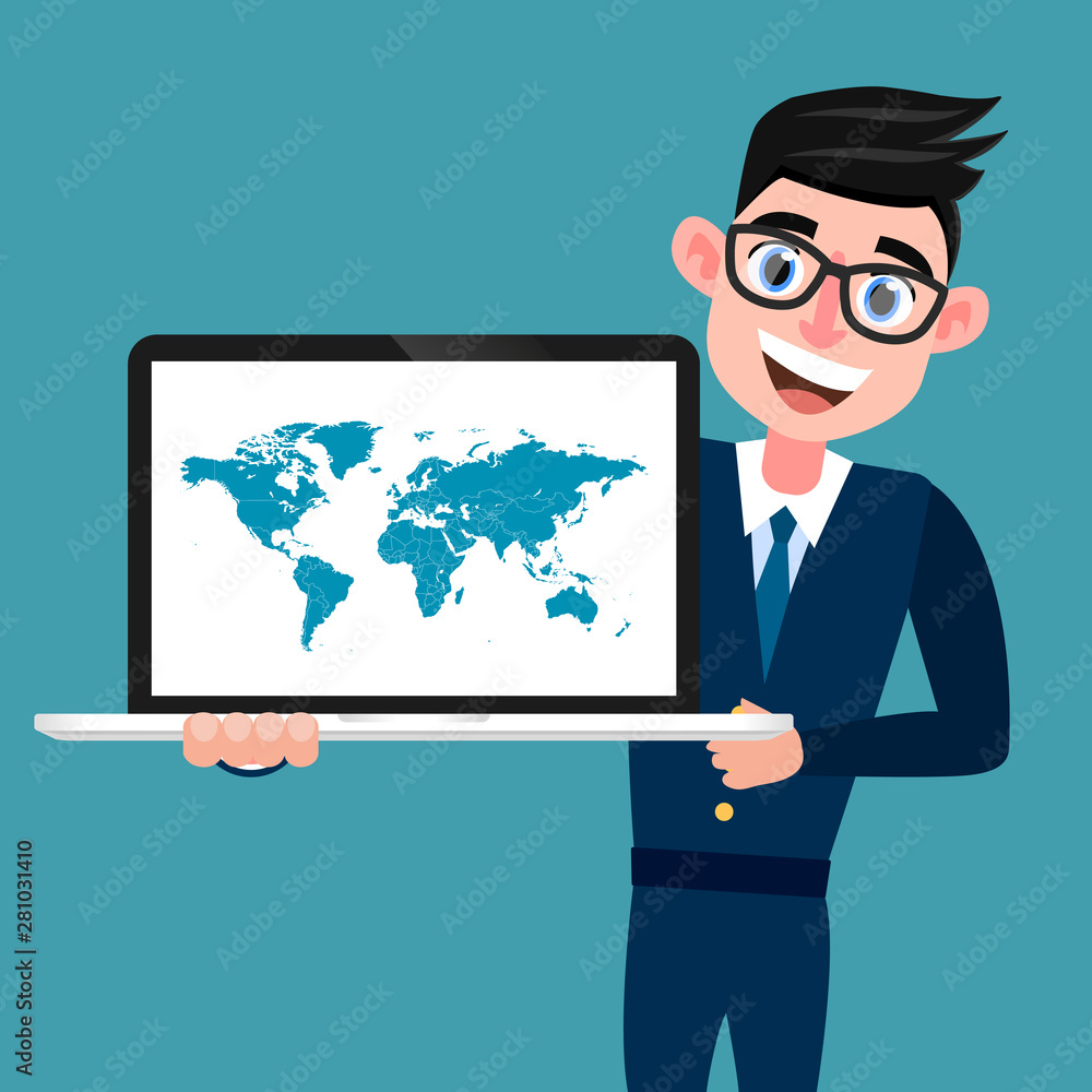 A man wearing a blue suit keeps a computer with a world map on the screen. A man wearing a blue suit keeps a computer with a world map on the screen.