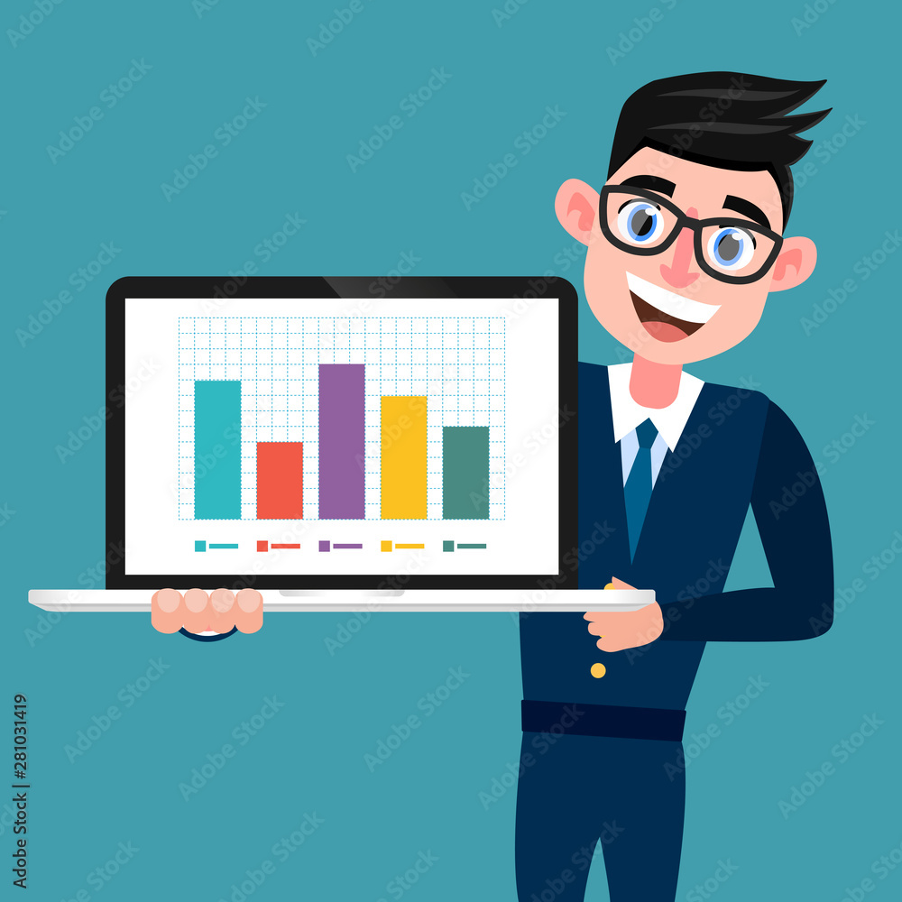 A man in a blue suit keeps a computer with a graph on the screen. A man in a blue suit keeps a computer with a graph on the screen.