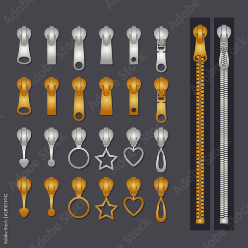 Metallic zippers set. Gold and silver zip fastener and pullers. Fashion elements for fabric design and clothes. Vector illustration.