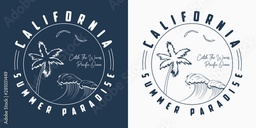 California t shirt design with hand drawn palm trees and waves. Slogan tee shirt typography. Vector illustration.