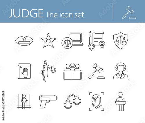 Judge line icon set. Sheriff badge, judge gavel, suspect, gun. Justice concept. Can be used for topics like crime, trial, courthouse