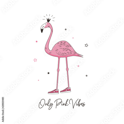 Pink Vibes slogan for t shirt design with flamingo princess in sneakers. Tee shirt typography with tropical bird in crown, print for girls and kids apparel. Vector illustration.