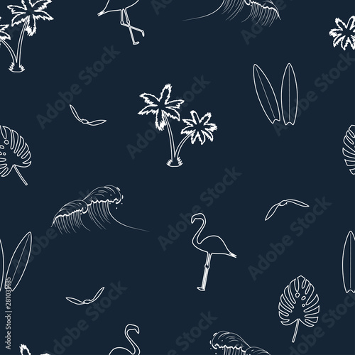 Seamless pattern with hand drawn elements - palm trees, surfboards, waves, flamingo, tropical leaves and gull birds. Vector illustration.