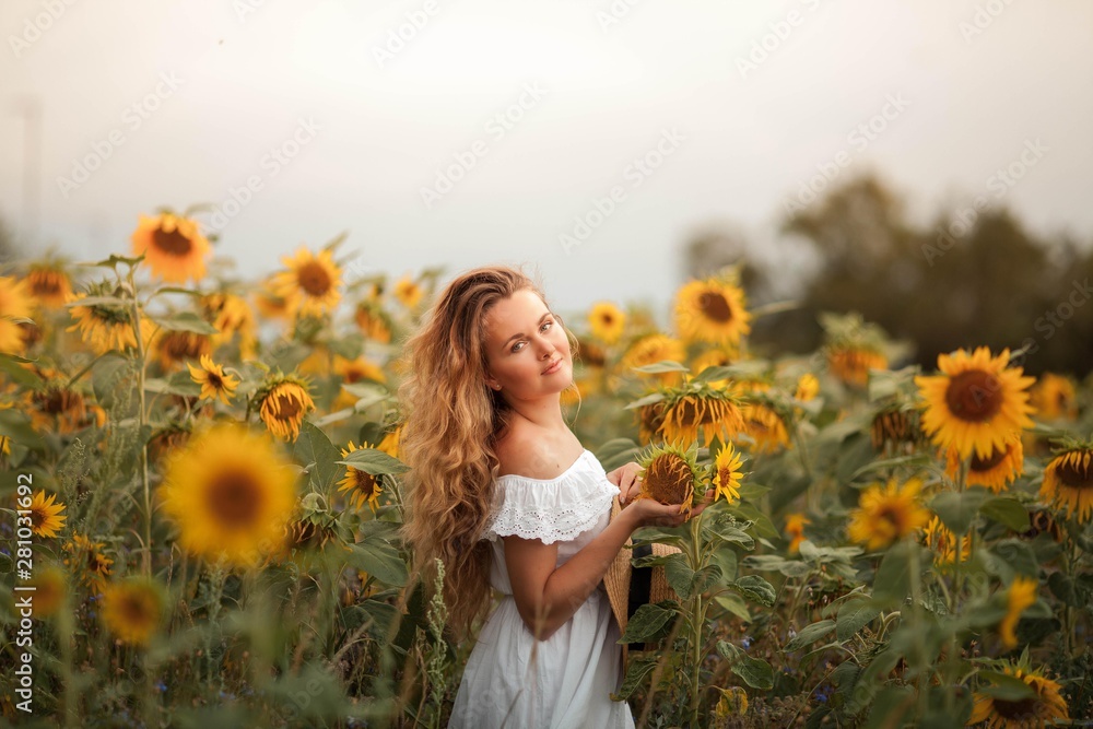 Beautiful curly young woman in a sunflower field holding a wicker hat. Portrait of a young woman in the sun. Summer. Beautiful curly young woman in a sunflower field holding a wicker hat. Portrait of a young woman in the sun. Summer.