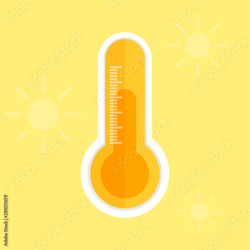 A realistic thermometer is depicted on a yellow background and shows a hot weather.