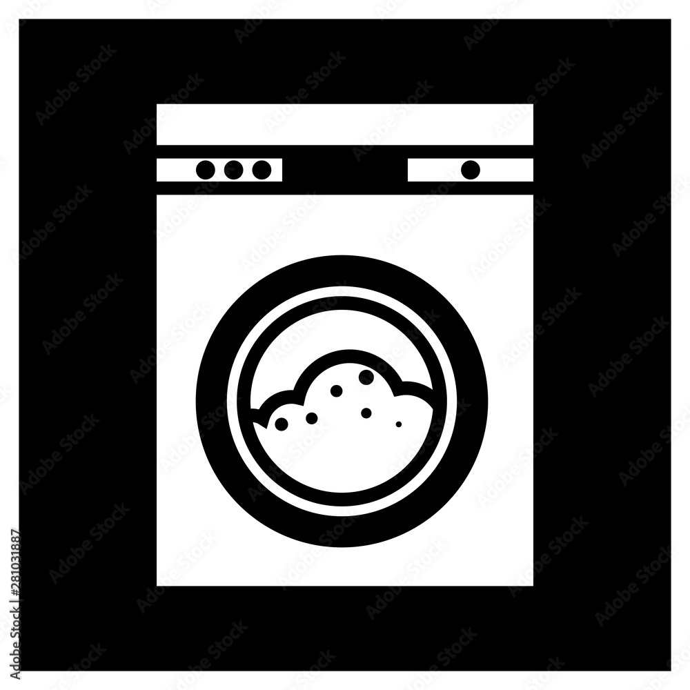 Washing machine. Icon. Equipment for wet processing of things from fabrics, flat black and white image. Washing machine. Icon. Equipment for wet processing of things from fabrics, flat black and white image.