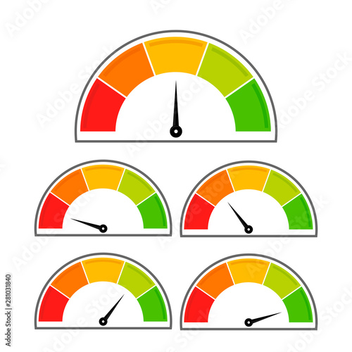 Five speedometer icons. Colorful Info-graphic. White background.