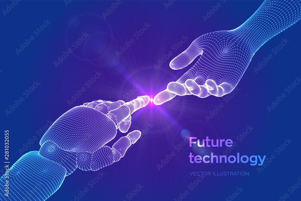 Hands of Robot and Human Touching. Cyborg finger about to touch human finger. Symbol of connection between people and artificial intelligence. Science, future technology. Vector Illustration.