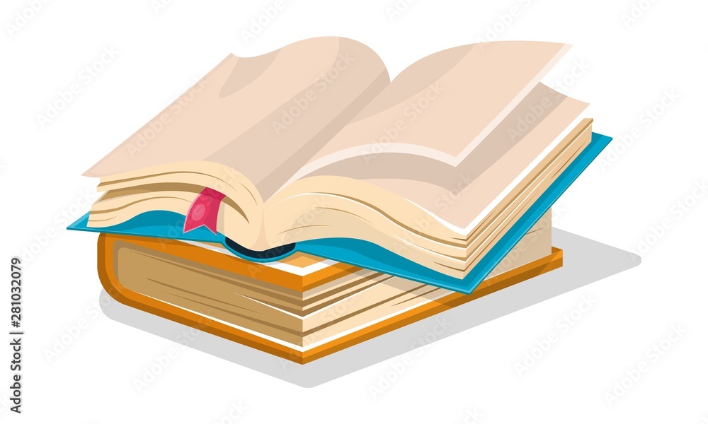Opened blue book with empty sheets and pink bookmark is on closed blue another. Diary, sketchbook. Vector cartoon illustration for creative, educational, publishing literary projects isolated on white Opened blue book with empty sheets and pink bookmark is on closed blue another. Diary, sketchbook. Vector cartoon illustration for creative, educational, publishing literary projects isolated on white